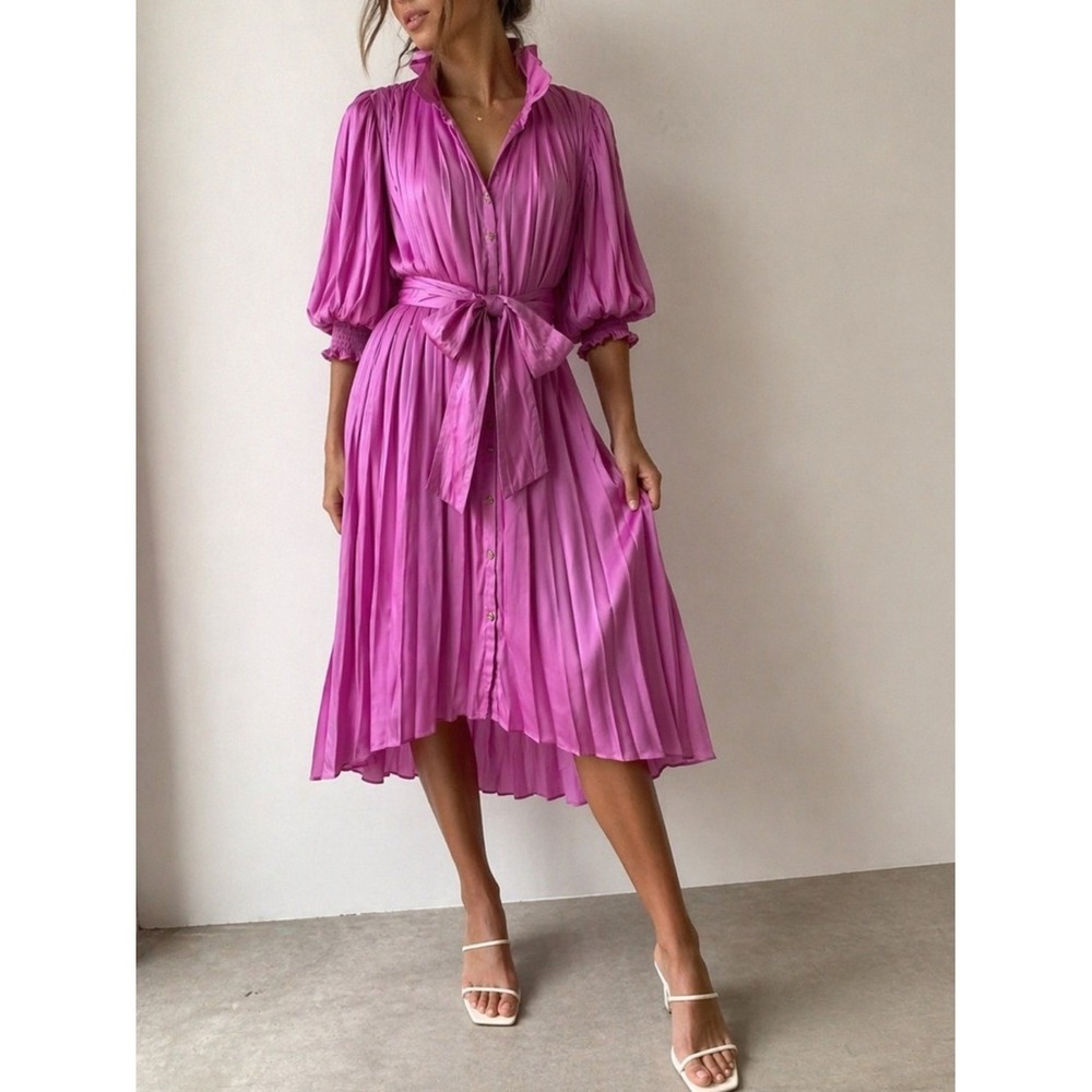 Emily McCarthy Pink Rowan Puff Sleeve Midi Dress XL